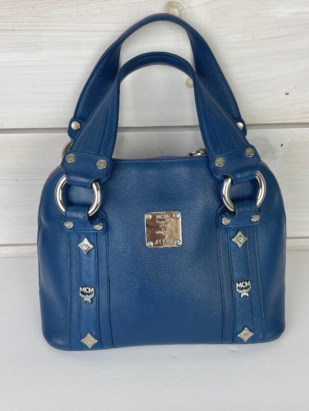 MCM Munchen Blue Leather Boston Handbag Small Silver Hardware
